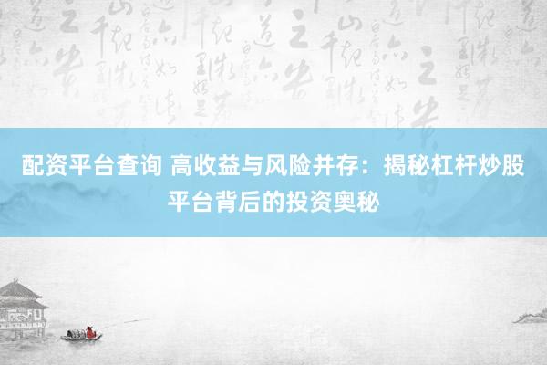 配资平台查询 高收益与风险并存：揭秘杠杆炒股平台背后的投资奥秘